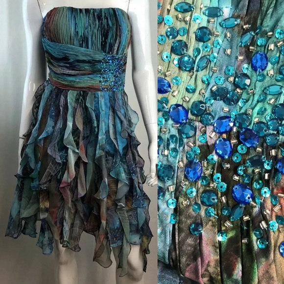 Cache Chiffon Rhinestone Ruffled Flutter Dress - Picture 1 of 8